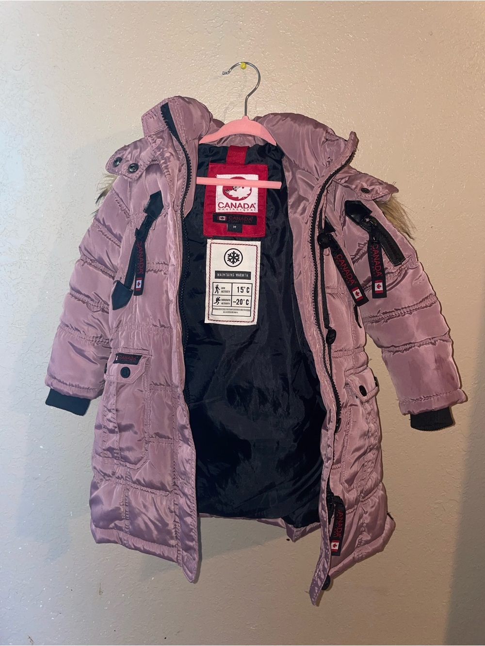 Canada Weather Girls' Mauve Puffer Coat with Faux-Fur Hood